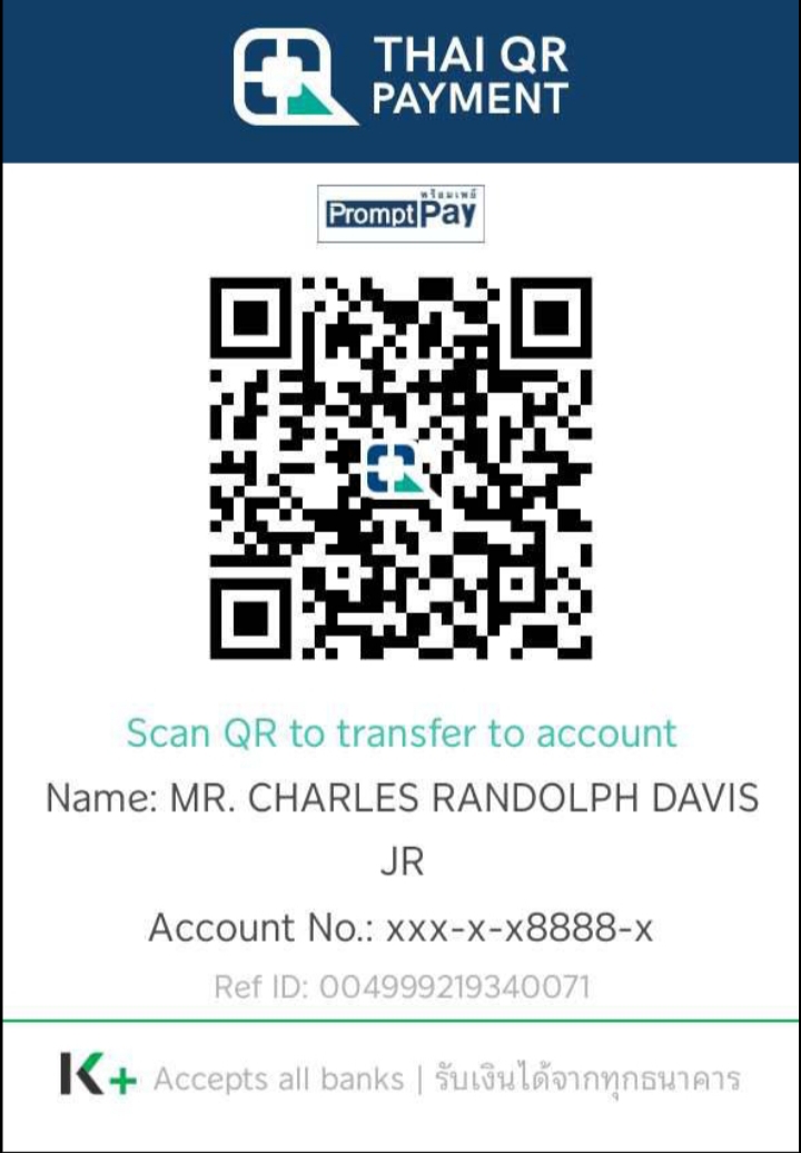 Thai QR Payment PromptPay code for GrammarMetric tuition, account name Charles Randolph Davis Jr