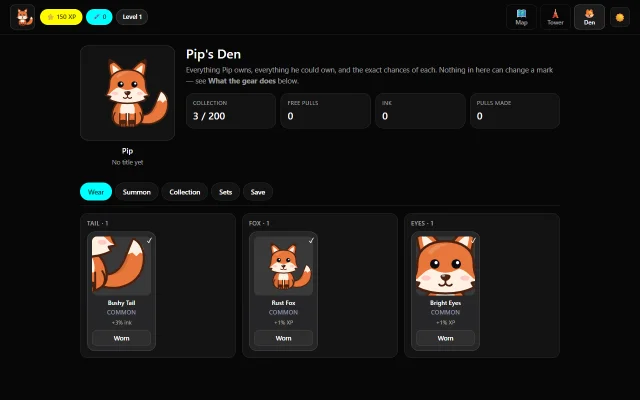 Grammar Quest den: the fox character Pip and the gear earned so far