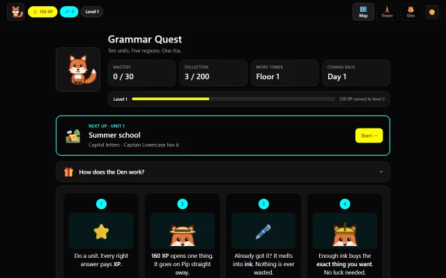 Grammar Quest map screen: ten units, progress counters and a four-step guide to how rewards work
