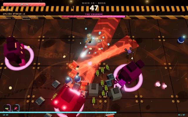 Scrap Tactics wave 10: the boss, The Crusher, charges across the scrapyard while a crowd of machines closes in