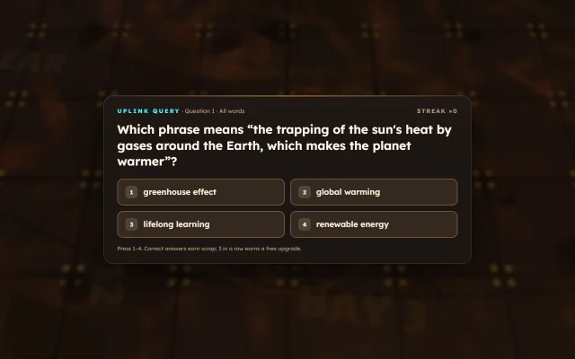 Scrap Tactics vocabulary question: which phrase means the trapping of the sun's heat by gases around the Earth, with four answers