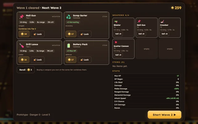 Scrap Tactics shop: weapons and modules for sale, the robot's six weapon slots and its stats